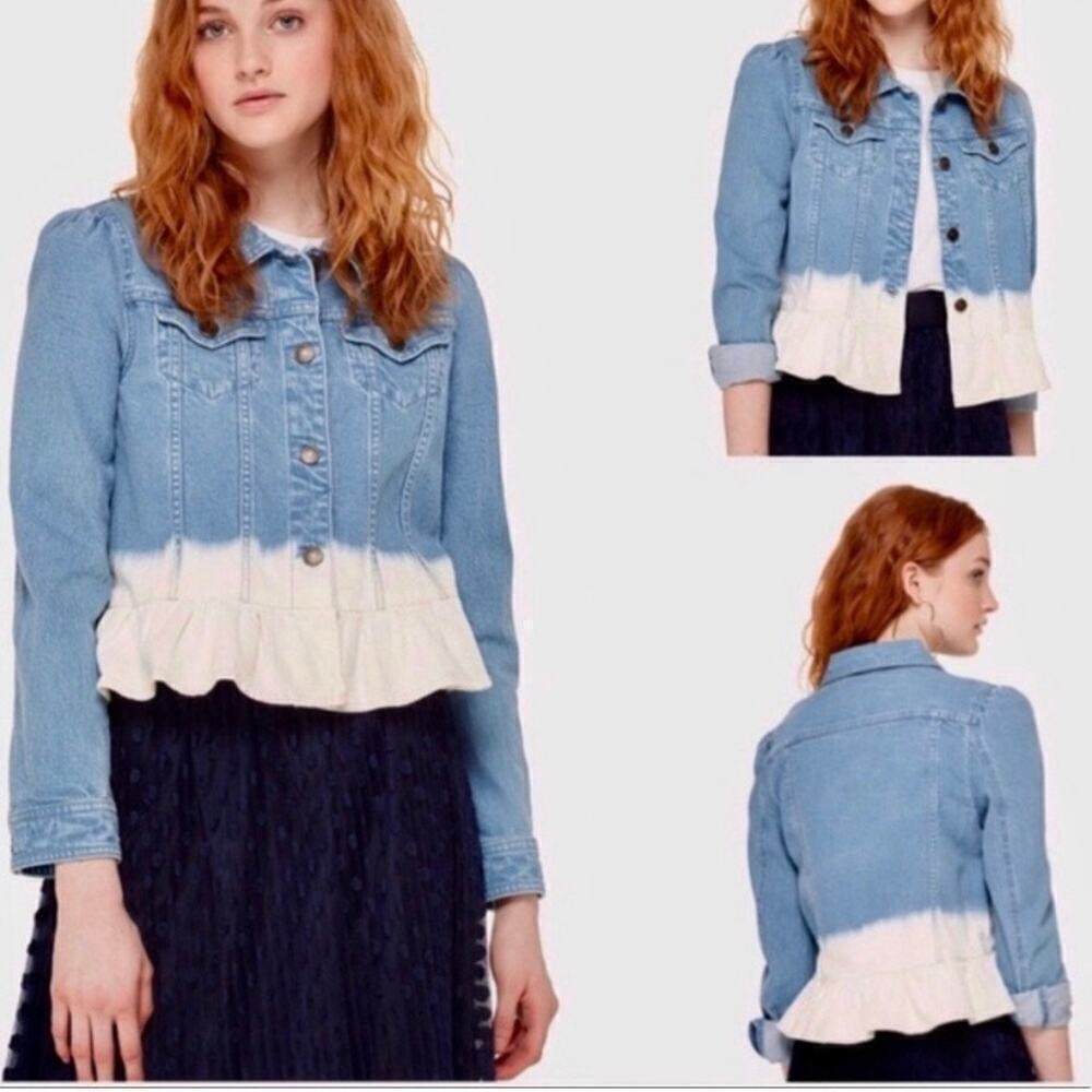 NWT Kate Spade Dip Dye Denim Jacket Ruffled Pockets Size Small